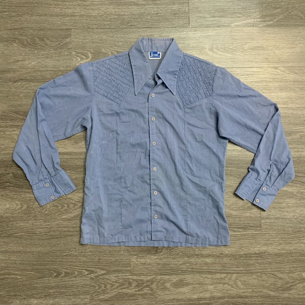 Vintage 60s 70s Jove Weave Design Thin Blue Button Up Shirt Sz. L